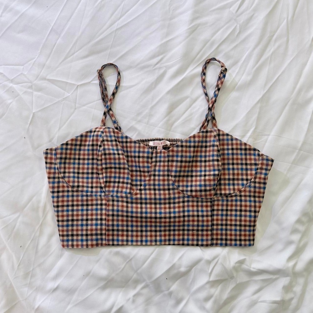 Lottie Moss Schoolgirl Plaid Crop Top Blue Beige Orange Y2K Preppy Size M